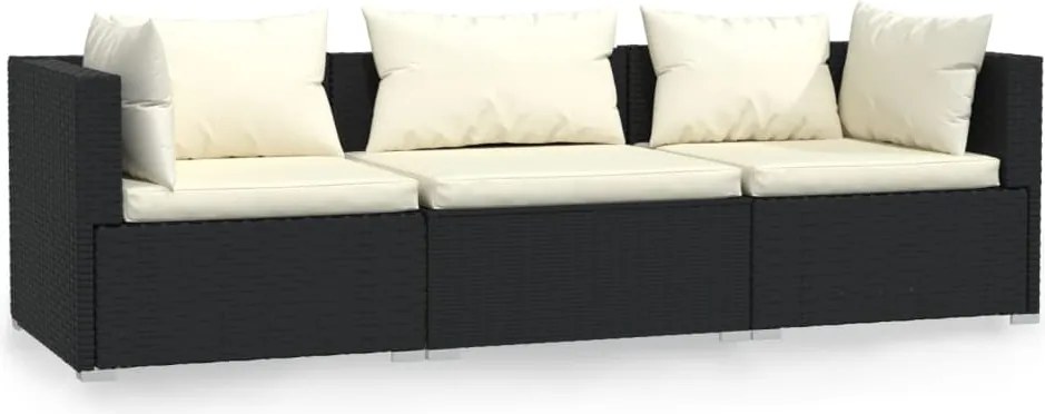 vidaXL fekete háromszemélyes polyrattan kanapé párnákkal