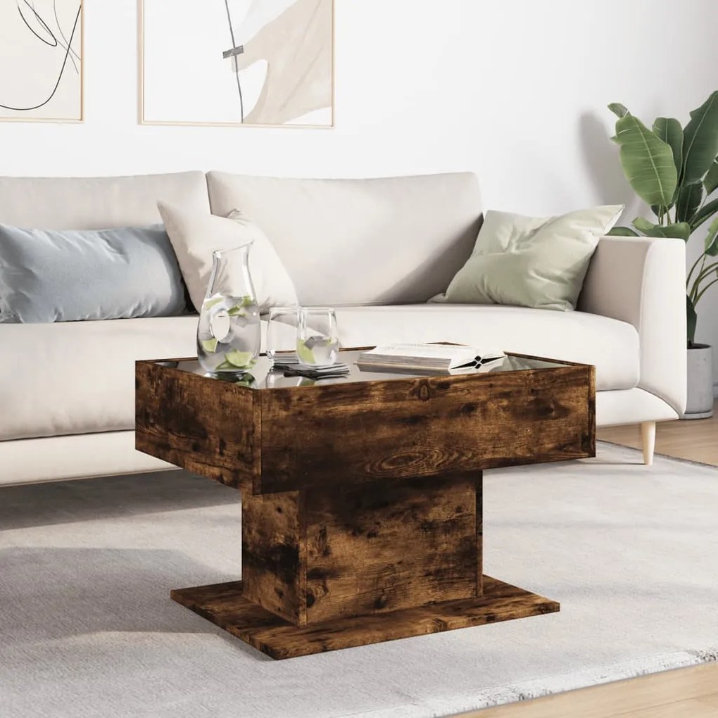 Füstös tölgy szerelt fa dohányzóasztal LED-del 70 x 50 x 45 cm
