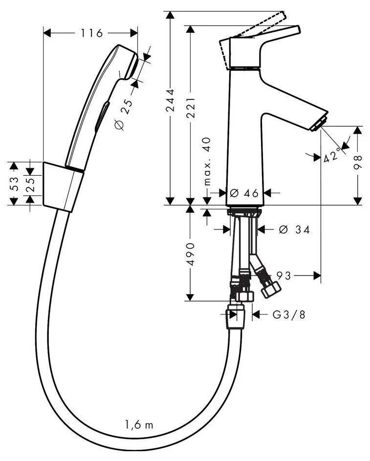 Hansgrohe Talis S, mosdócsaptelep Push-Open kimenettel és kézi bidézuhannyal, króm, 72290000