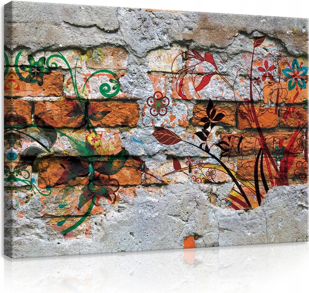 Vászonkép 100x75 Urban-art street-art tégla fal graffiti virágok textúra