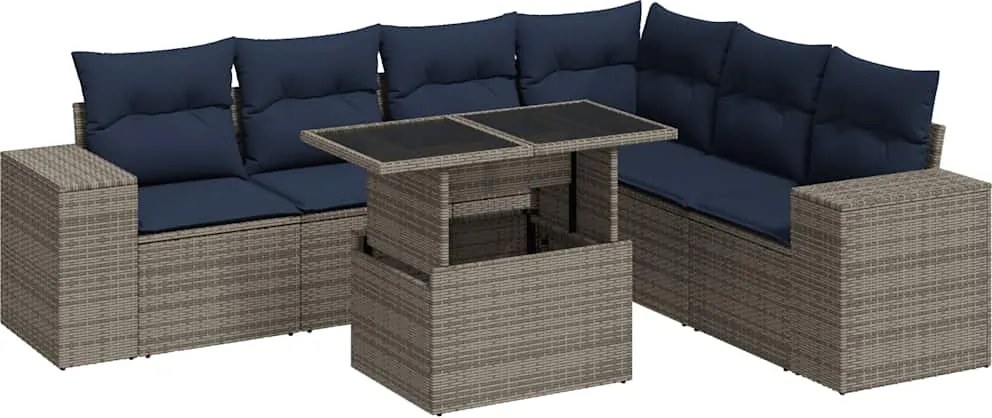 vidaXL 7 részes szürke polyrattan akácfa kerti ülőgarnitúra párnákkal