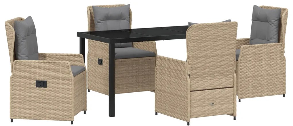 5 Részes Kerti Étkezési Szett Bézs Polirattan, Kerti Asztal Fekete 140x80x73 cm Edzett Üveg