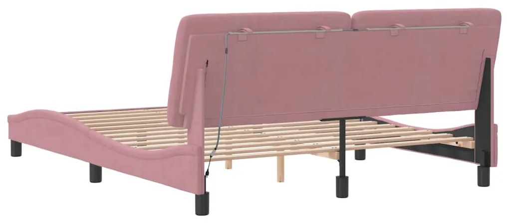 rózsaszín bársony ágykeret LED-ekkel matrac nélkül 160 x 200 cm