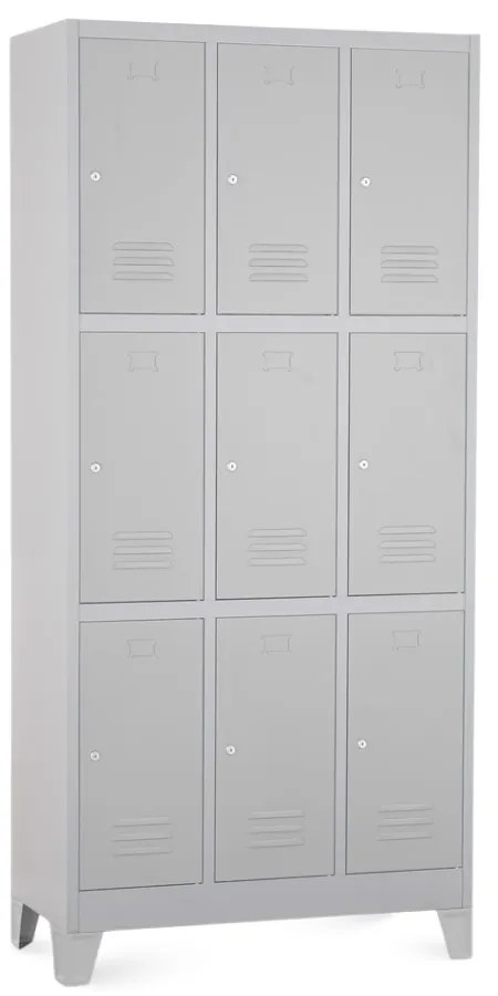 Fém szekrény - 9 doboz, 90 x 45 x 195 cm, fix lábakkal, hengerzár, világos szürke - ral 7035