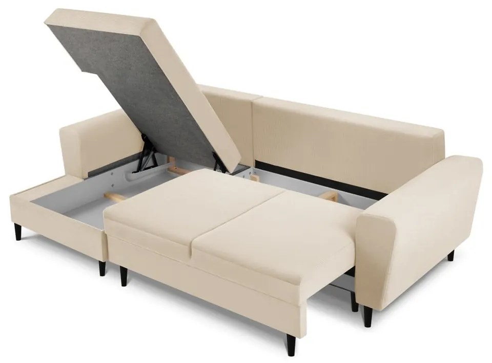 Bézs kordbársony kinyitható tárolóhelyes sarokkanapé (bal oldali-heverő résszel) Kyoto – Cosmopolitan Design