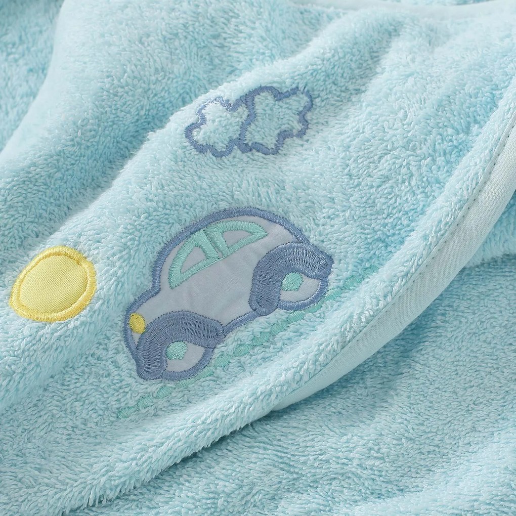 Goldea gyermek frottír fördőlepedő csuklyás - kék autócska 100 x 100 cm