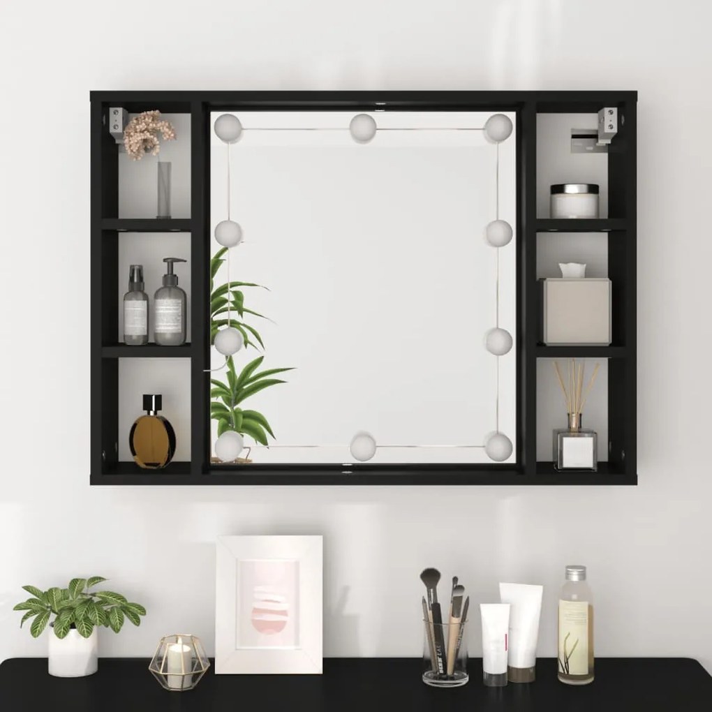 fekete tükrös szekrény LED-ekkel 76 x 15 x 55 cm