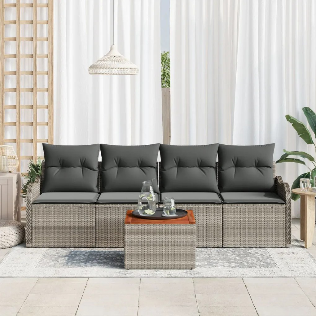 5 részes kerti bútor szett párnákkal Szürke Poli Rattan Akác, 2 személyes kerti kanapé tárolóval és párnákkal Szürke Poli Rattan