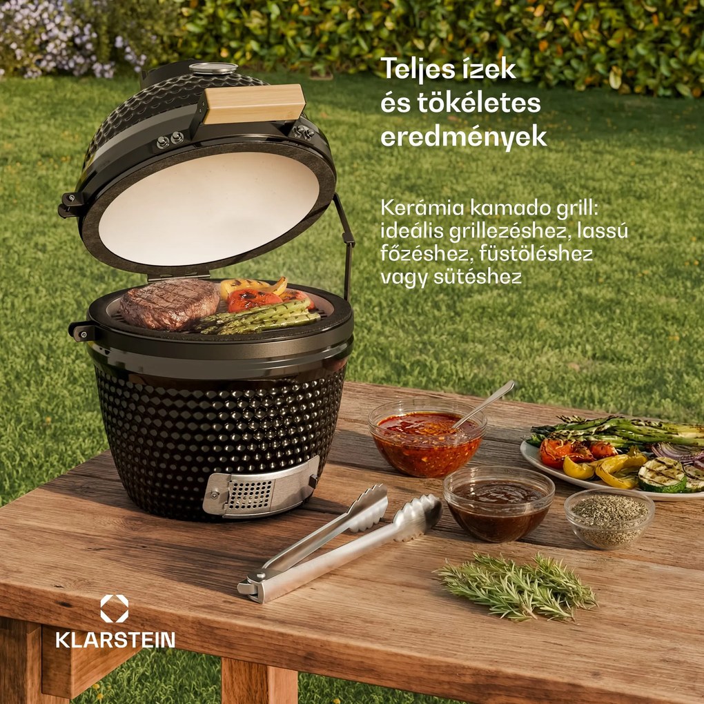 Klarstein Princesize, kamado grill, kerámia, 11", füstölés, BBQ, lassú sütés, fekete
