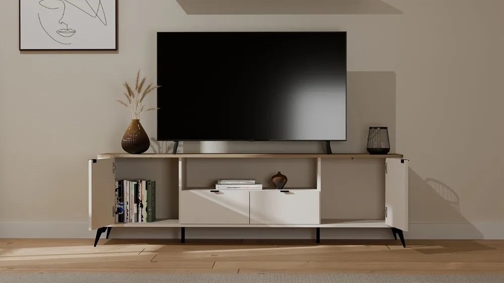 RTV CORDOBA 2D2S TV állvány 186x43x11.5 cm, kasmír, fekete lábakkal, tölgy fedlappal