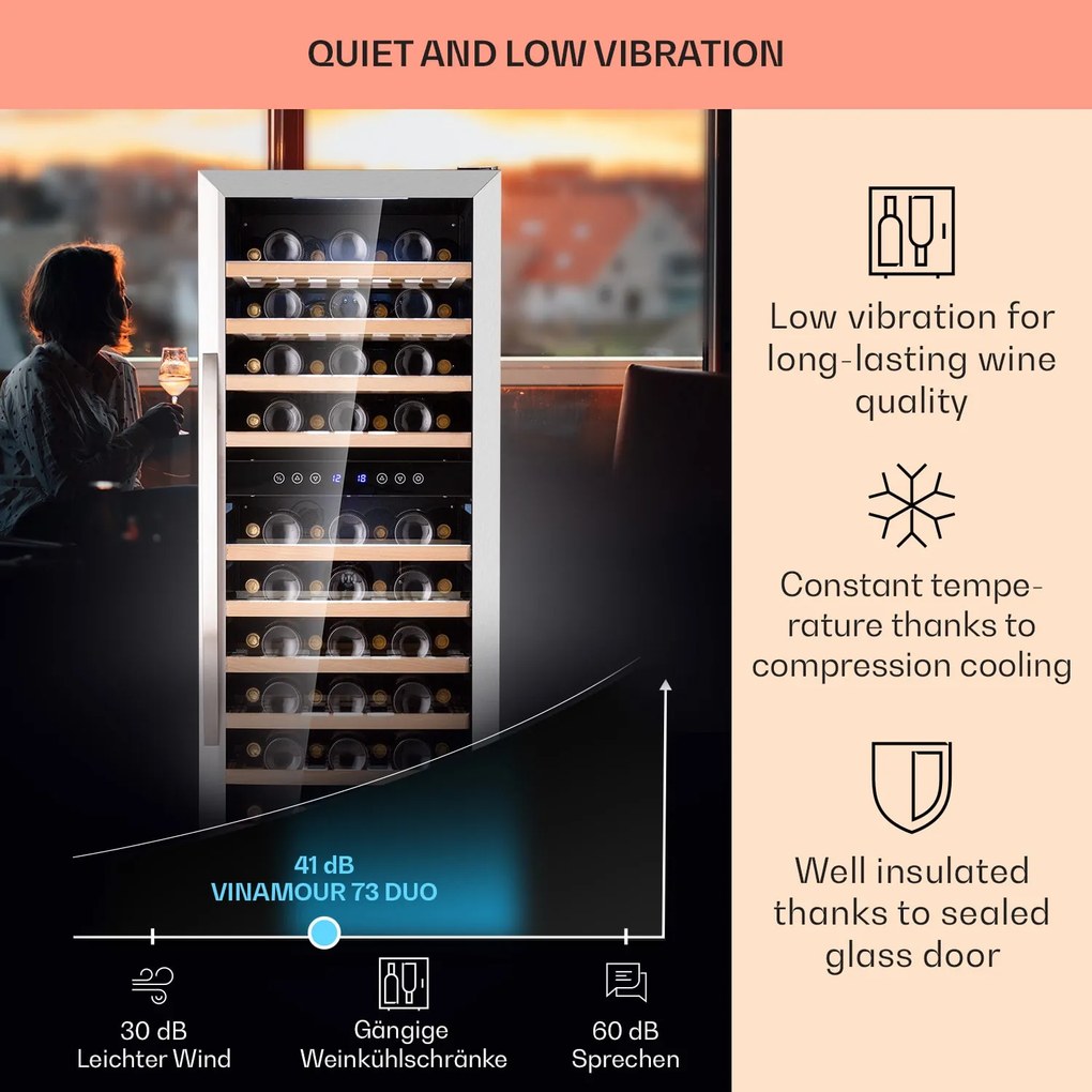 Klarstein Vinamour 73 Duo, borhűtő, 192 liter, 73 palack, 5 -18 °C, 2 zóna, érintésvezérlés