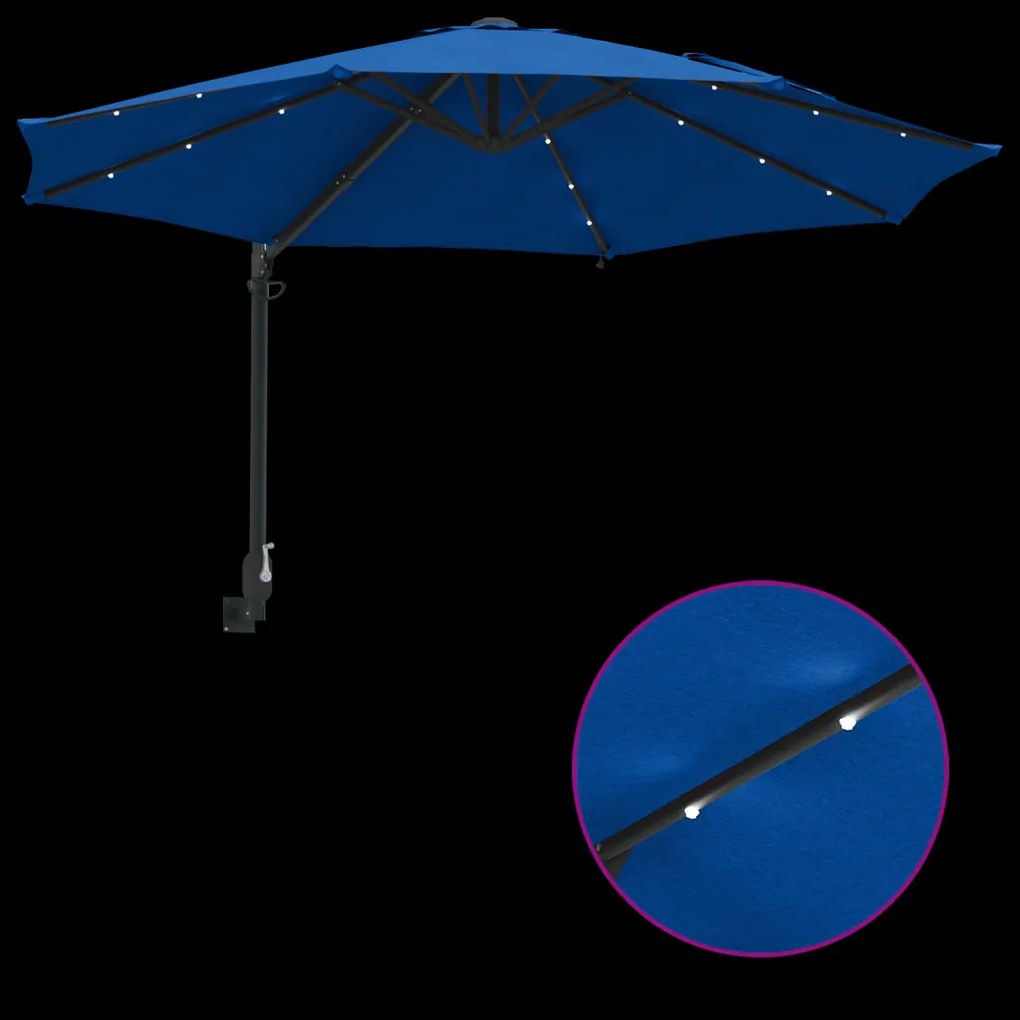 Falra szerelhető kerti napernyő LED-del Azúrkék 248 cm