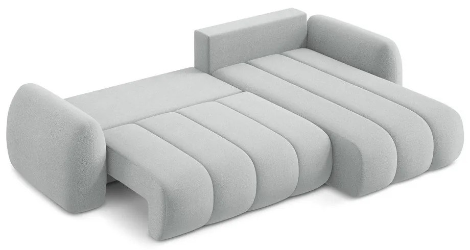Világosszürke buklé kinyitható-tárolóhelyes sarokkanapé (jobb oldali-heverő résszel) Pele – Makamii