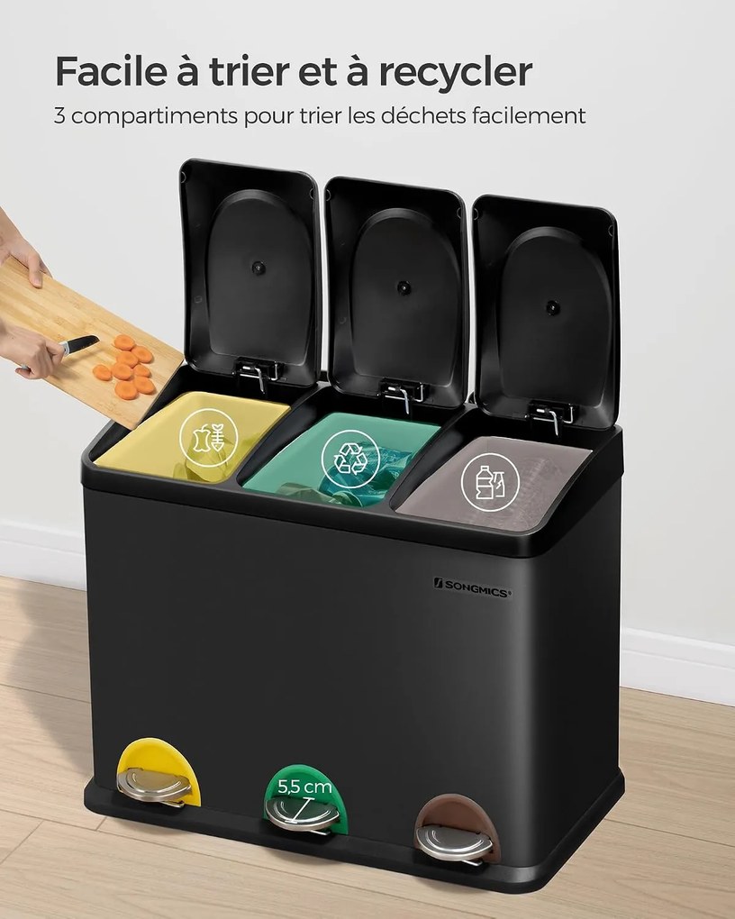 SONGMICS 3 rekeszes pedálos szelektív szemetes, 45 L (3 x 15 L), tintafekete