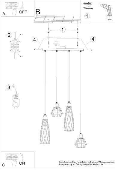 Sollux SL.1167 - Csillár zsinóron SUBA 4xE27/15W/230V fekete