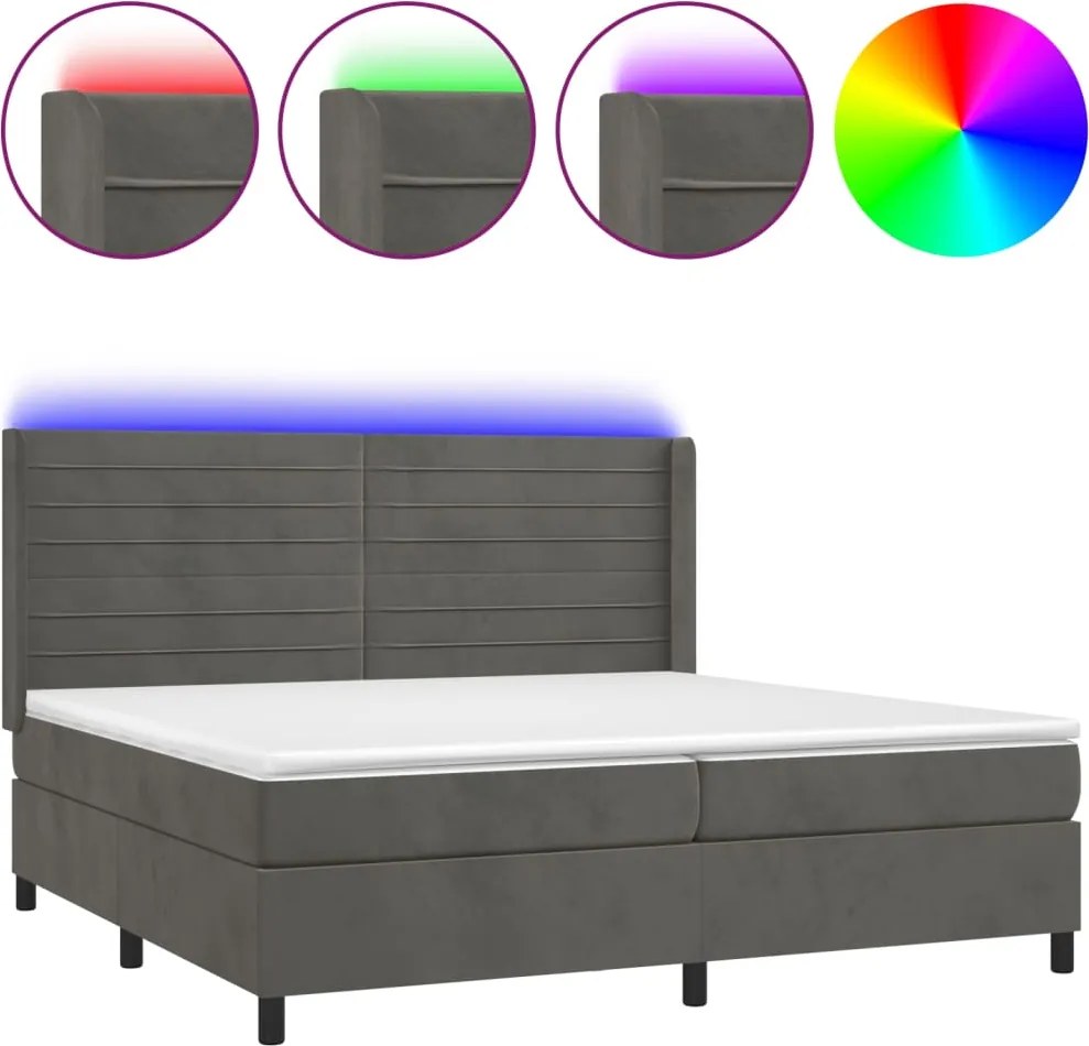 vidaXL sötétszürke bársony rugós és LED-es ágy matraccal 200x200 cm