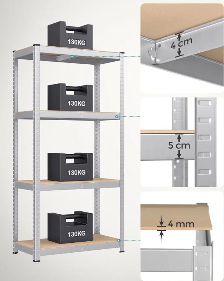SONGMICS 2 db nagy teherbírású tárolóállvány, 4 állítható polccal, 80 x 40 x 160 cm, 520 kg/állvány, ezüst