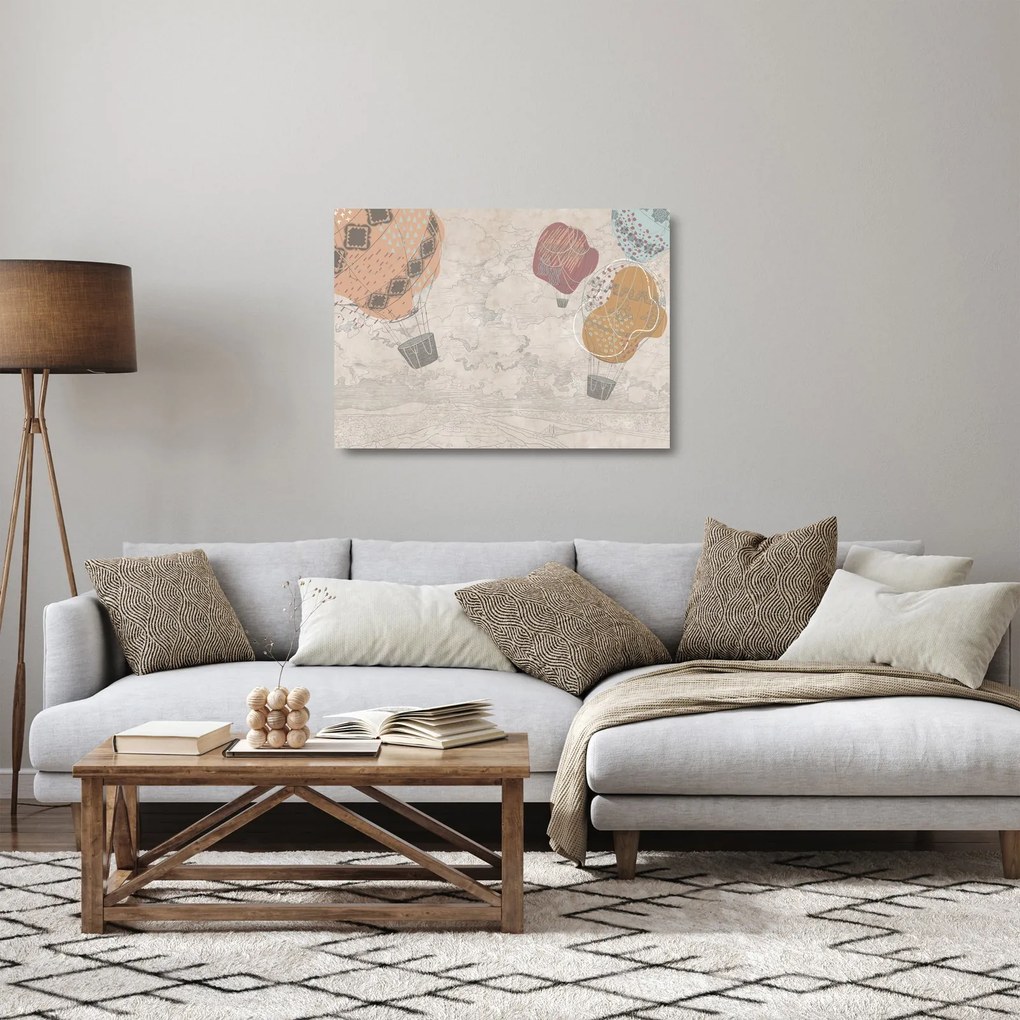 Kép - léggömbök a város felett , meleg tónusok (üvegen) (70x50 cm)