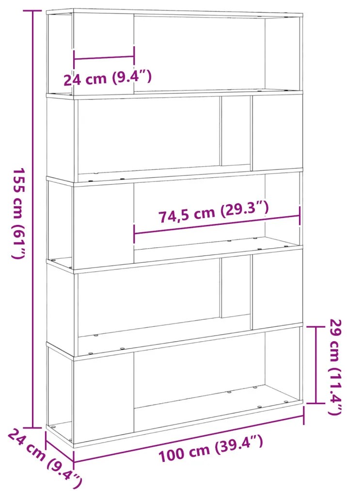 Könyvespolc, Fekete Tölgy, 100x24x155 cm, Műanyagból