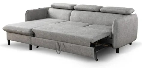 NISA L-alakú, kihúzható sarokkanapé tárolóval, szürke, balos