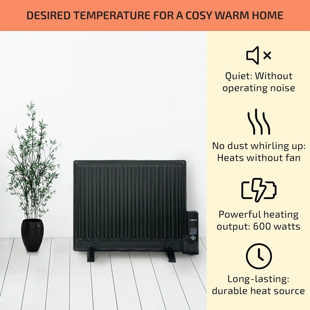 OneConcept Wallander, olajradiátor, 600 W, termosztát, olajfűtés, lapos design, fekete