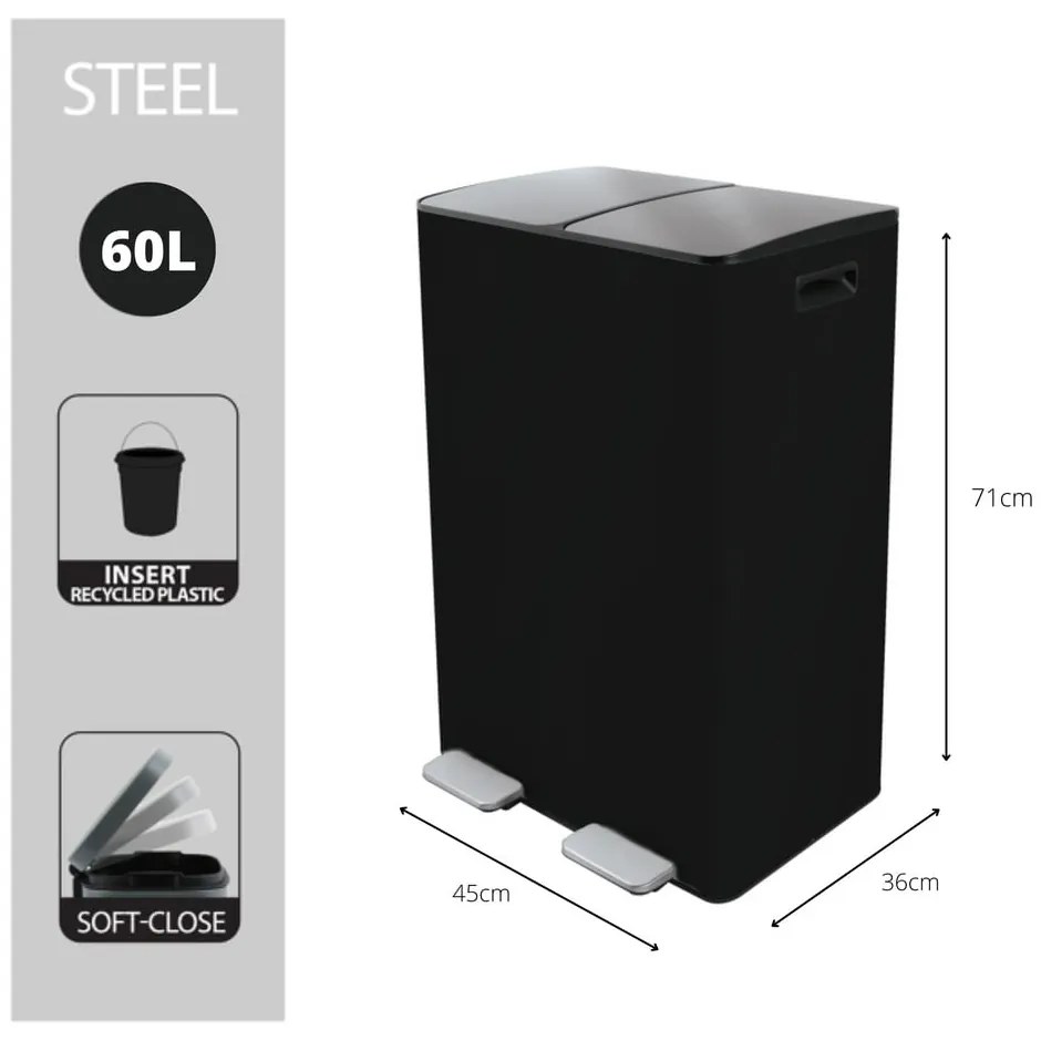 Matt fekete acél szelektív pedálos szemetes 2x30 l Aliya – Spirella