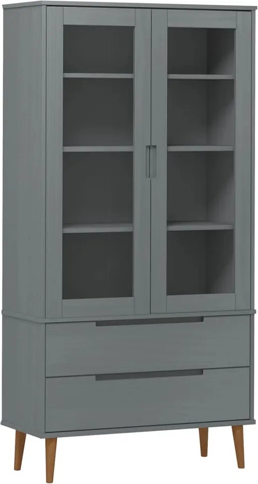 vidaXL MOLDE szürke tömör fenyőfa vitrin szekrény 90 x 35 x 175 cm