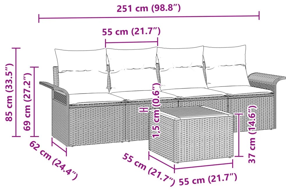 5 Darabos Kert Sofa Készlet Párnákkal Szürke Poli Rattan Akác, 2-Személyes Kert Sofa Tárolóval és Párnákkal Szürke Poli Rattan