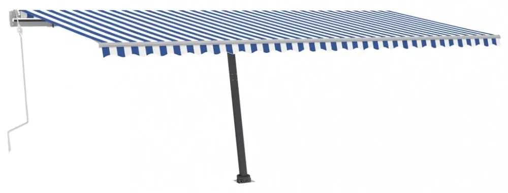 kék és fehér kézzel kihúzható póznás napellenző 600 x 300 cm