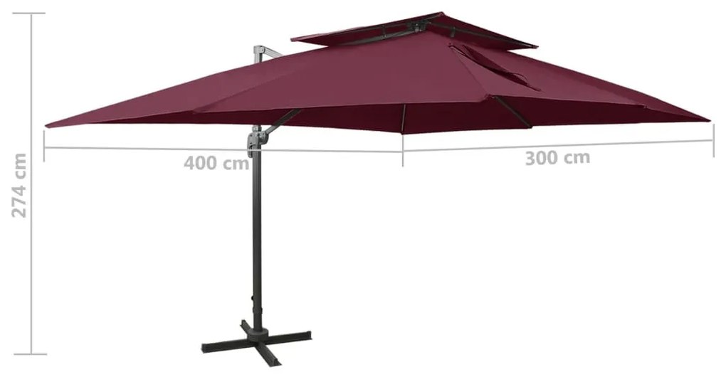 bordó dupla tetejű konzolos napernyő 400 x 300 cm