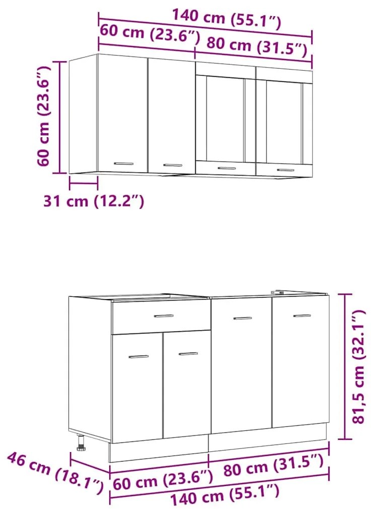 Konyhaszekrény garnitúra 4 pcs Szürke sonoma 140 x 46 x 81.5 cm