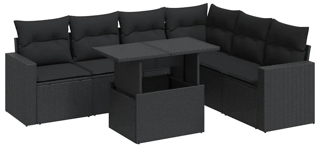 7 részes fekete polyrattan kerti ülőgarnitúra párnával