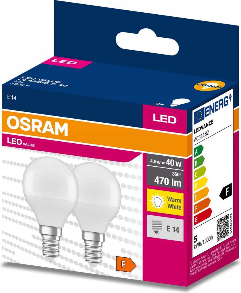 2x Led izzó E14 Golyó 4,9W 40W 3000K Meleg Osram
