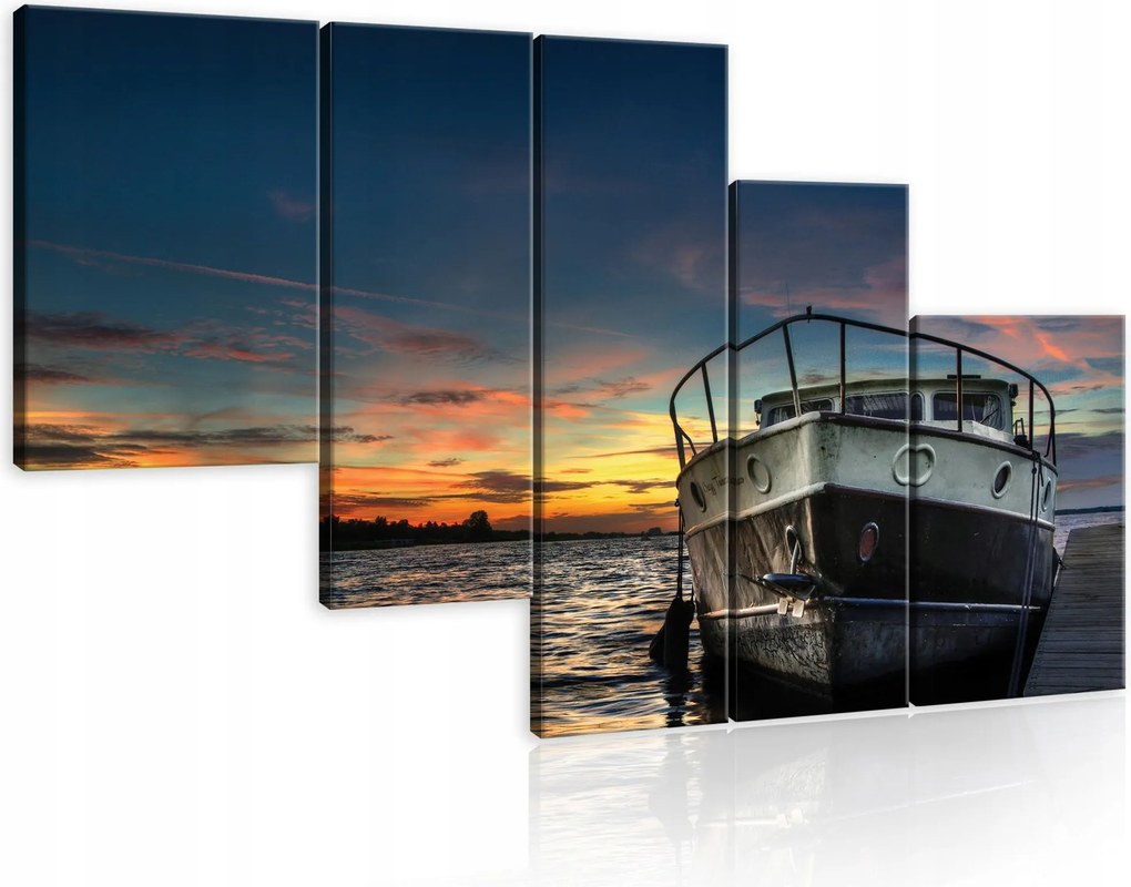Vászonkép 170x100 Naplemente hajó víz folyó tenger ég felhők nyugalom