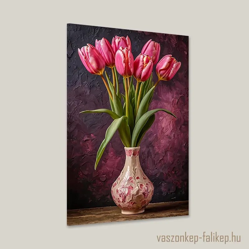 Rózsaszín tulipán csokor dekoratív vázában – elegáns falikép 40x60cm