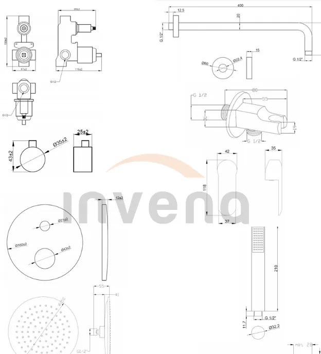 Invena Siros, rejtett zuhanygarnitúra 2 kivezetéses testtel, fekete matt, INV-BS-90-012-A