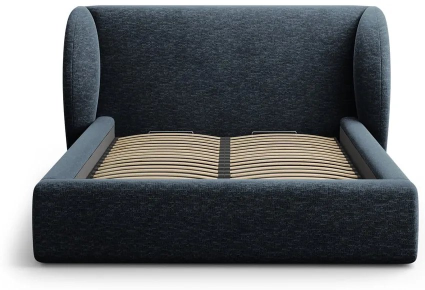 Sötétkék kárpitozott ágyneműtartós franciaágy ágyráccsal 200x200 cm Miley – Micadoni