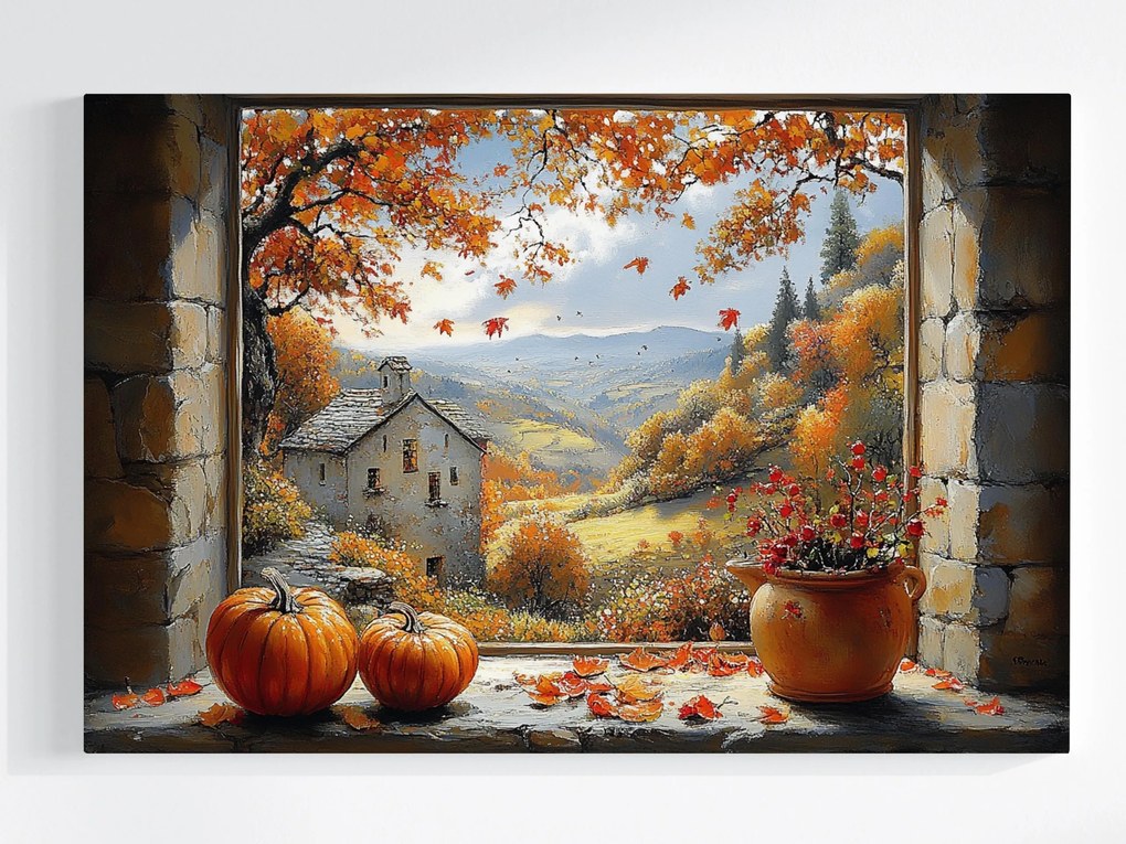 Vászonkép Canvas Ablak Terasz Kilátás Ősz Táj Hegyek Ház 120x80