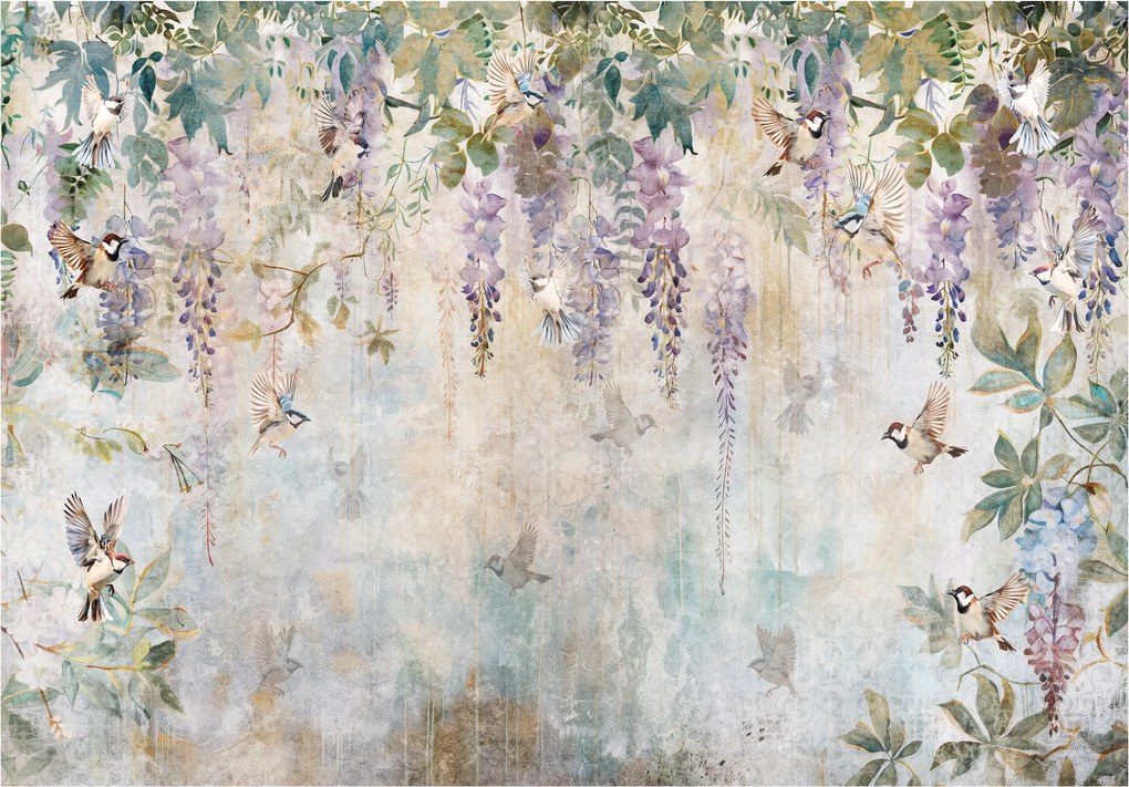 Flizelin fotótapéta Verebek glicinben finom virágok 250x175 +ragasztó