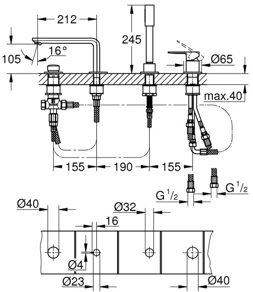 GROHE 19577001 - Fürdőkádhoz négylyukú kombinált csaptelep LINEARE, fényes króm