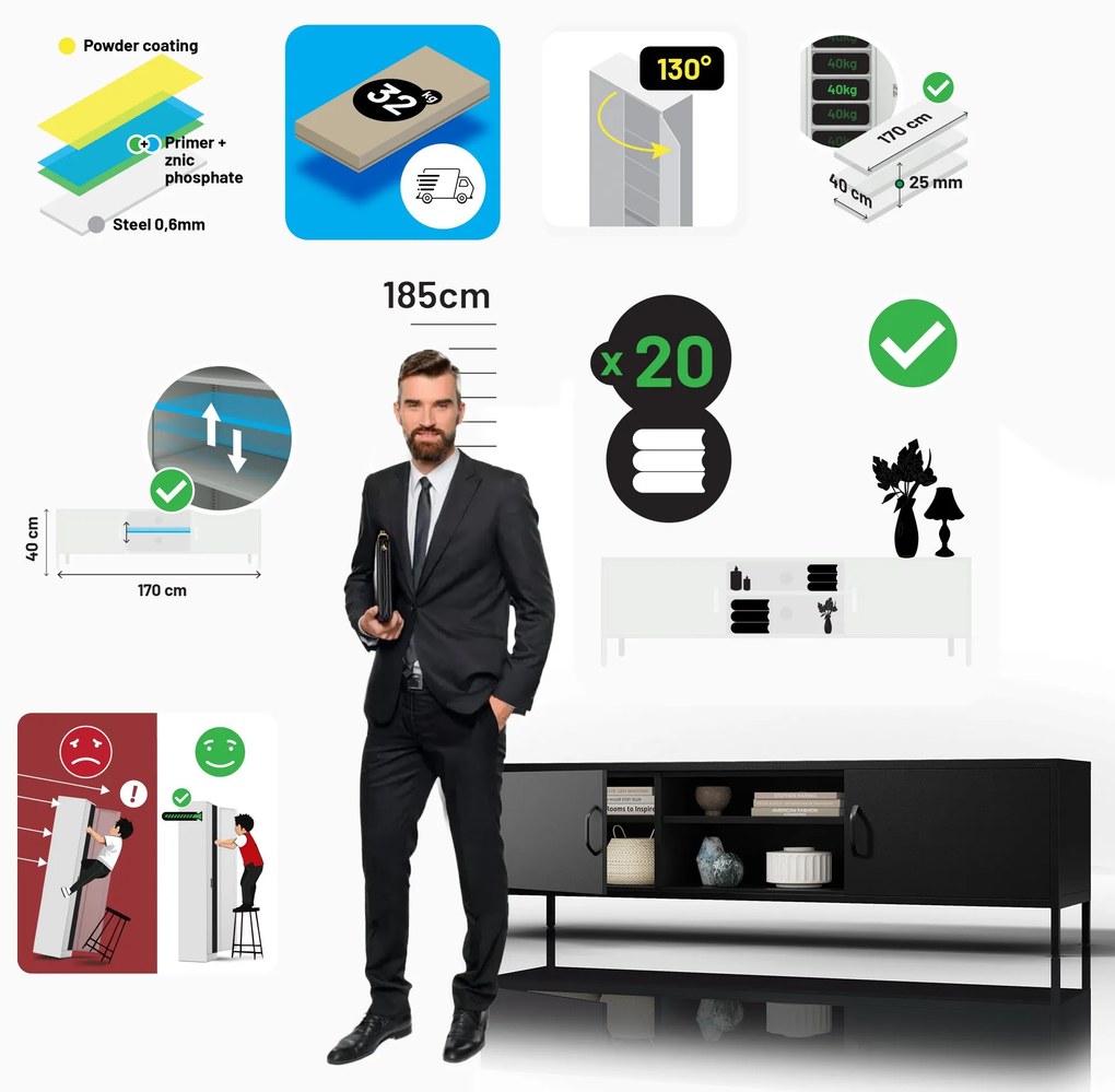 XL ROSARIA RTV SZEKRÉNY – FEKETE (1700 x 400 x 500)