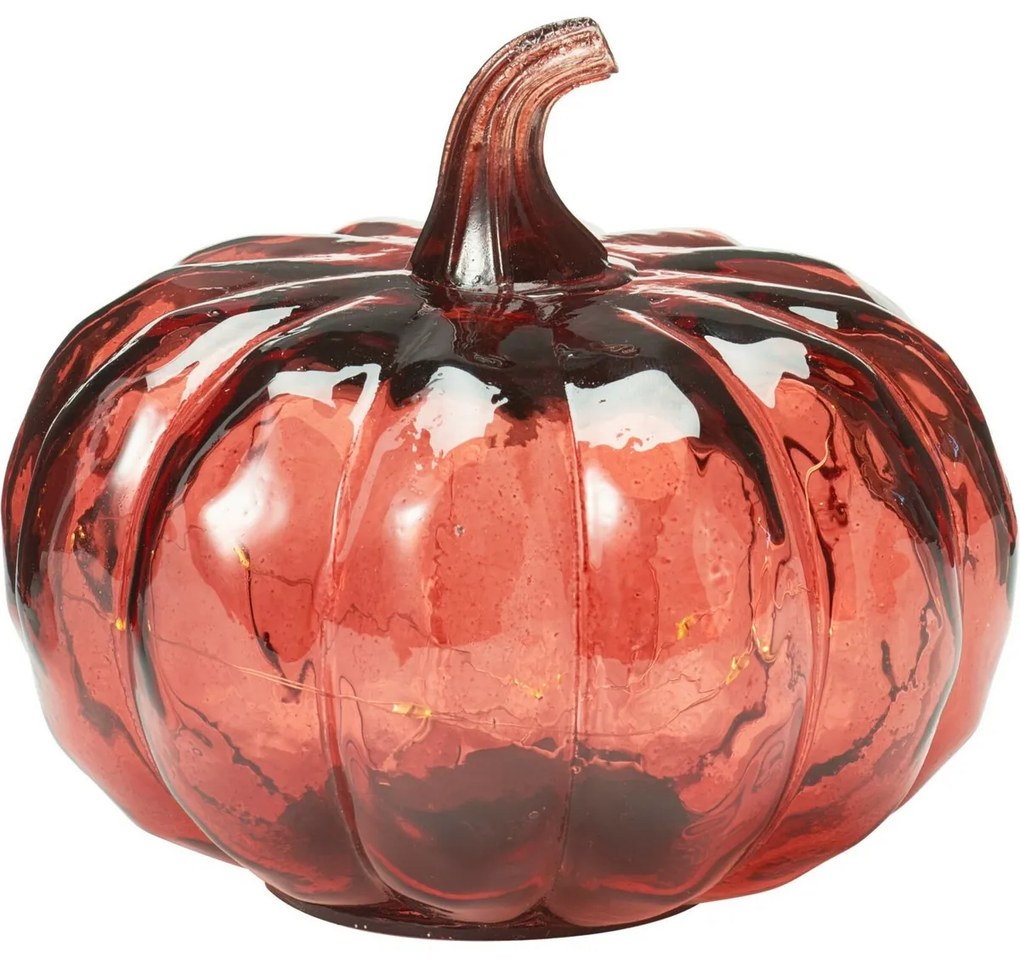 Üveg világító tök 15 x 13 cm, piros, 10 LED,elemes, időzítővel