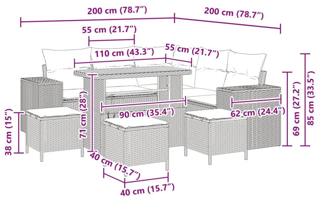 9 Darabos Kert Sofa Készlet Párnákkal Bézs Poli Rattan Akácia, 4 Darabos Kert Étkező Készlet Párnákkal Bézs Poli Rattan Akácia