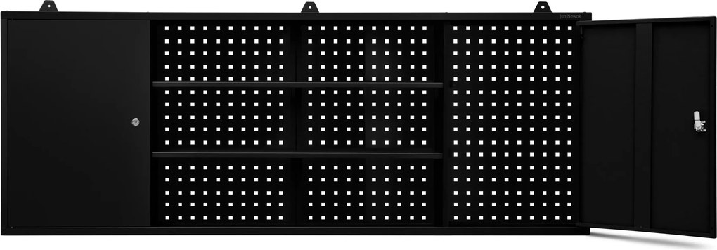 Függesztett műhelyszekrény perforált táblával, fekete, 1600x600x200 mm: LEO All Black