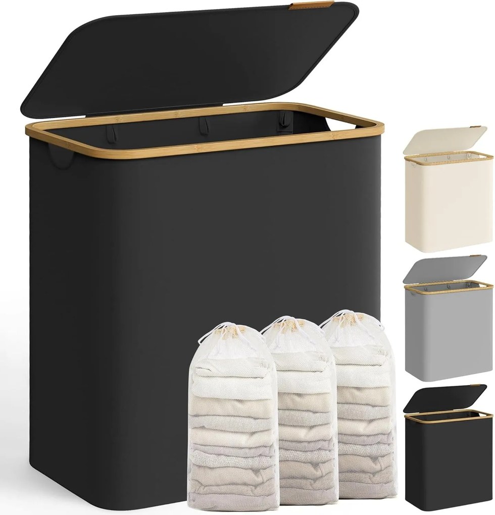 szennyeskosár fedéllel – 3 rekeszes ruhagyűjtő, 150 l űrtartalommal fekete színben