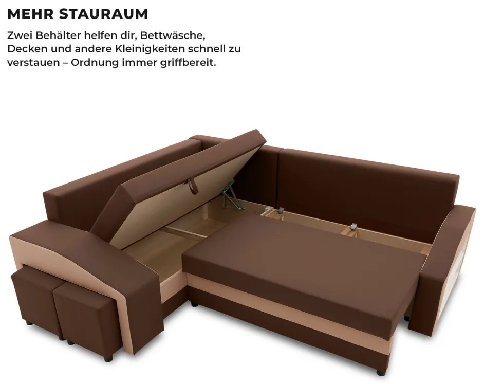 Grande sarokkanapé polcokkal és puffokkal , polc a jobb karfaban puffok a bal karfaban, baloldali, szövet anyag, hab töltet, barna