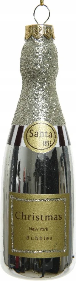 Karácsonyfadísz üveg palack alkoholos Pezsgő ezüst karácsonyfára 13cm