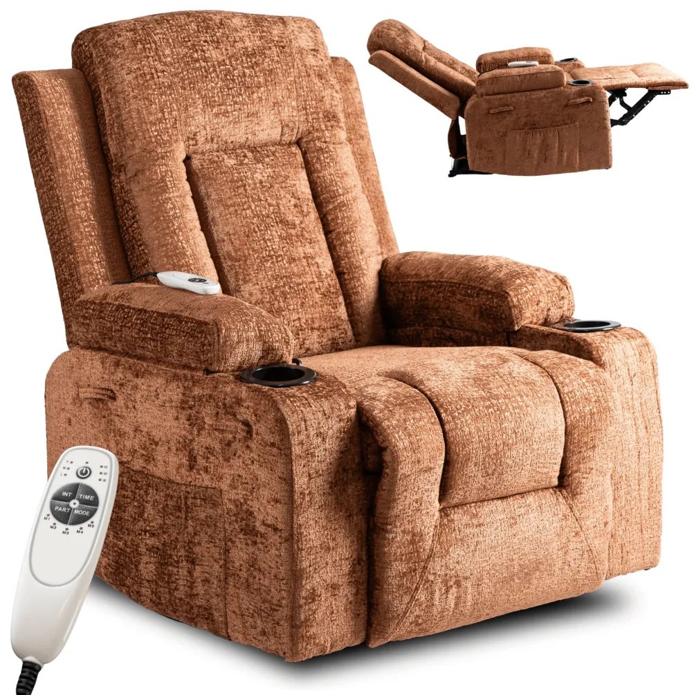 Elektromosan Vezérelhető Masszázsfunkciós Relaxfotel Barna Szövet Kárpittal. BOX 2