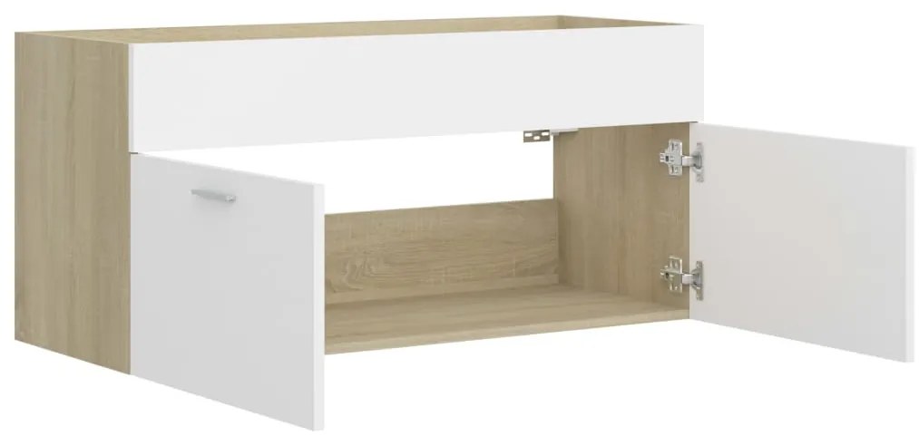 Fehér és sonoma tölgy szerelt fa mosdószekrény 100x38,5x46 cm