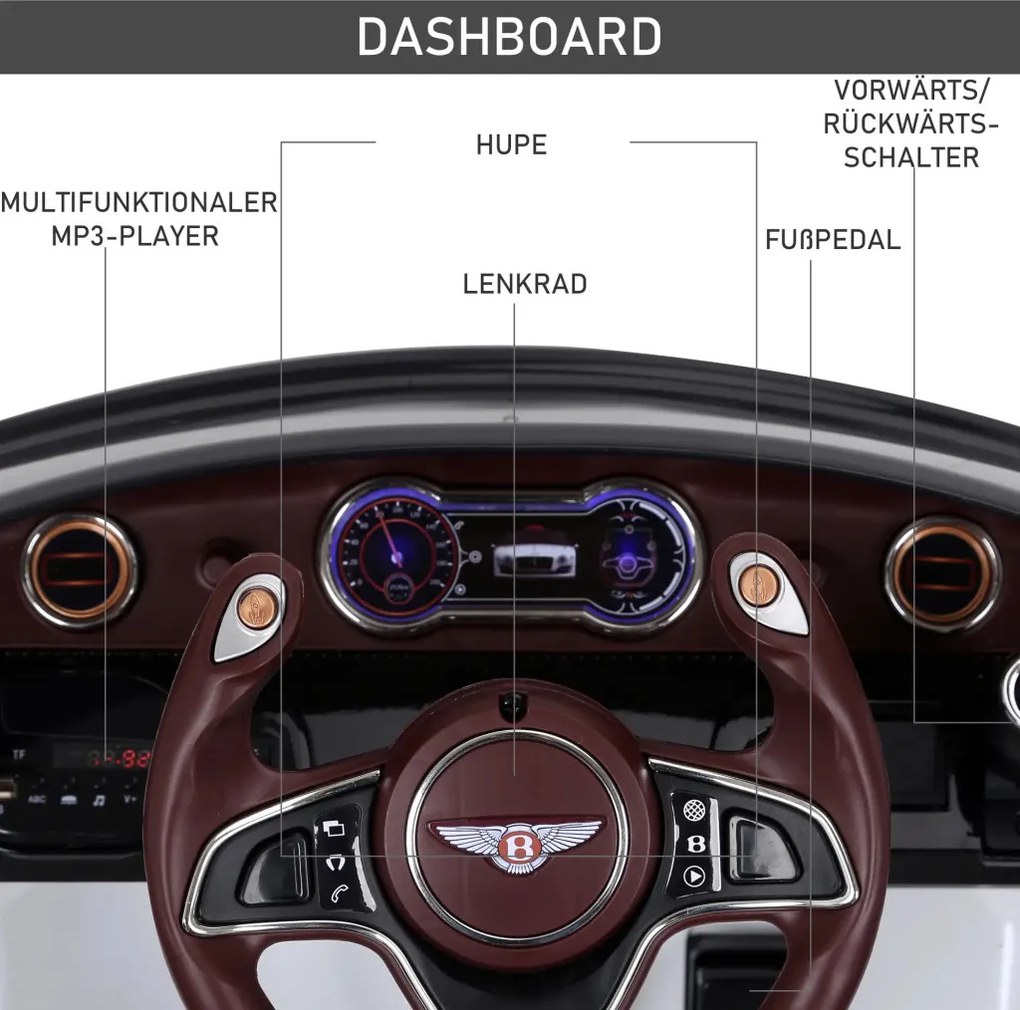 HOMCOM Elektromos gyerekautó Bentley GT, 2.4G távirányítóval, MP3, zene, kürt, LED fények, fehér